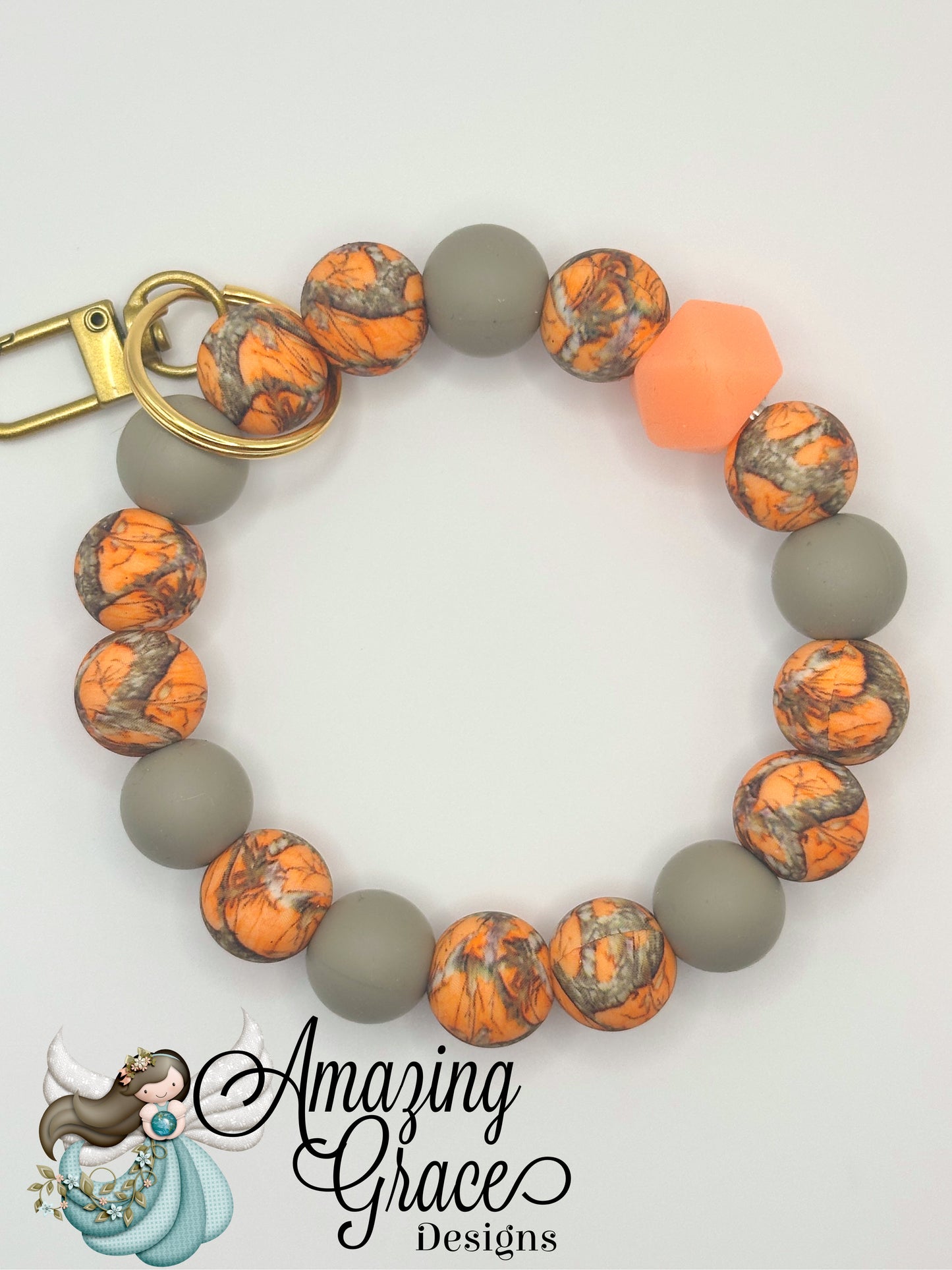 Blaze Orange Camo Beaded Keychain Wristlet