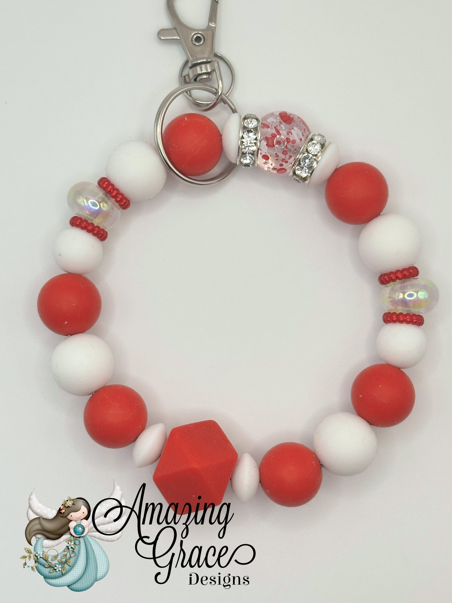 Red and White Beaded Keychain Wristlet