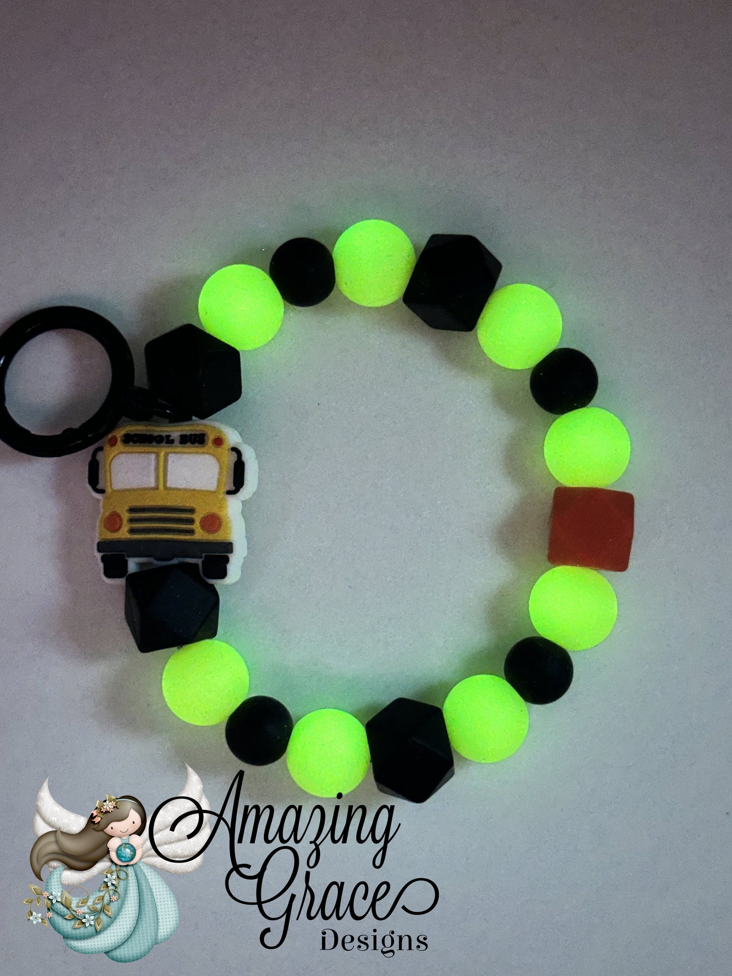 Glow-in-the-Dark School Bus Beaded Keychain Wristlet
