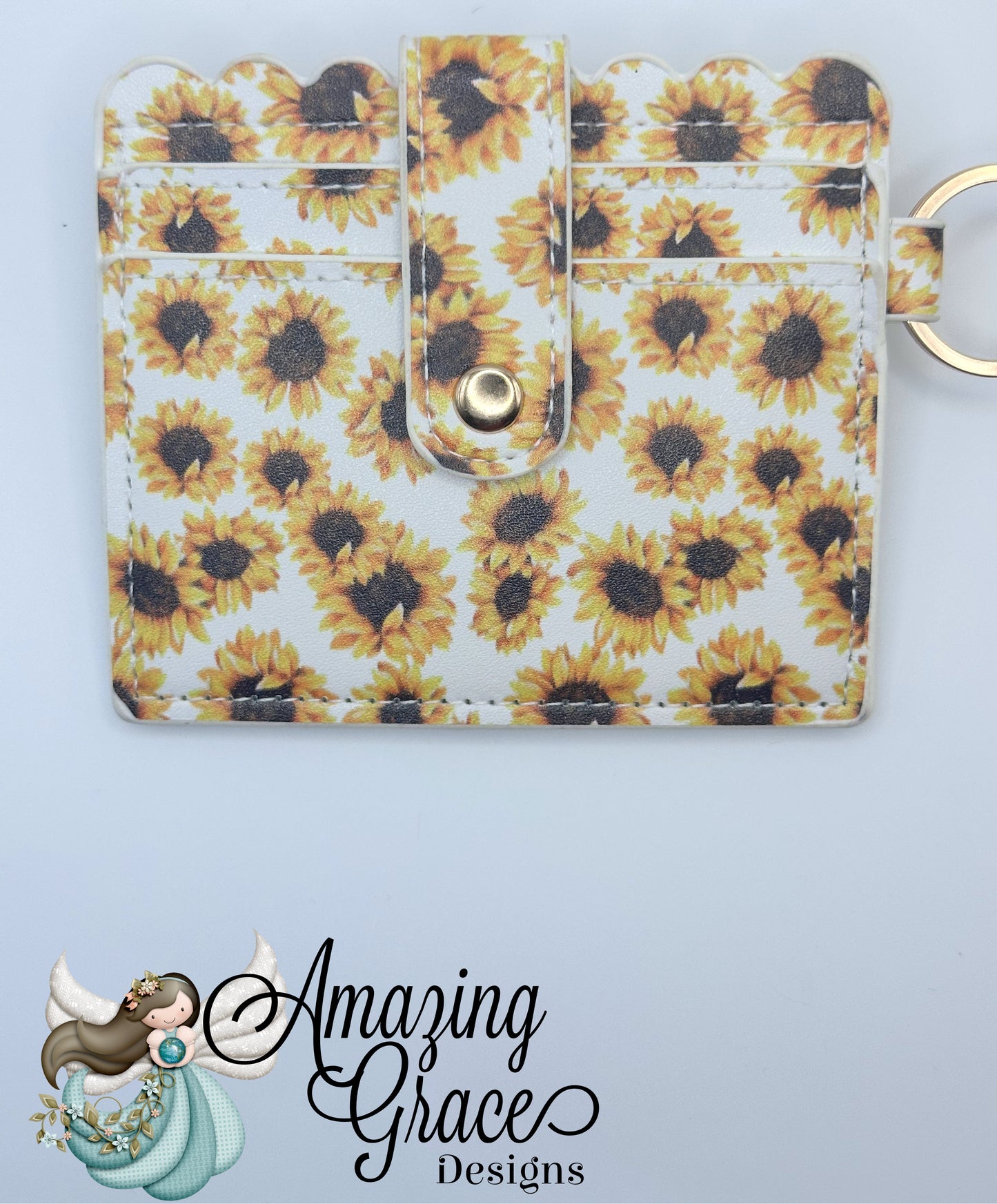Sunflower Print Scalloped ID and Card Holder with Keychain