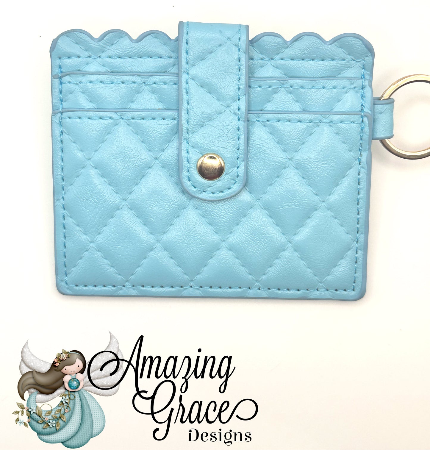 Light Blue Quilted Scalloped ID and Card Holder with Keychain
