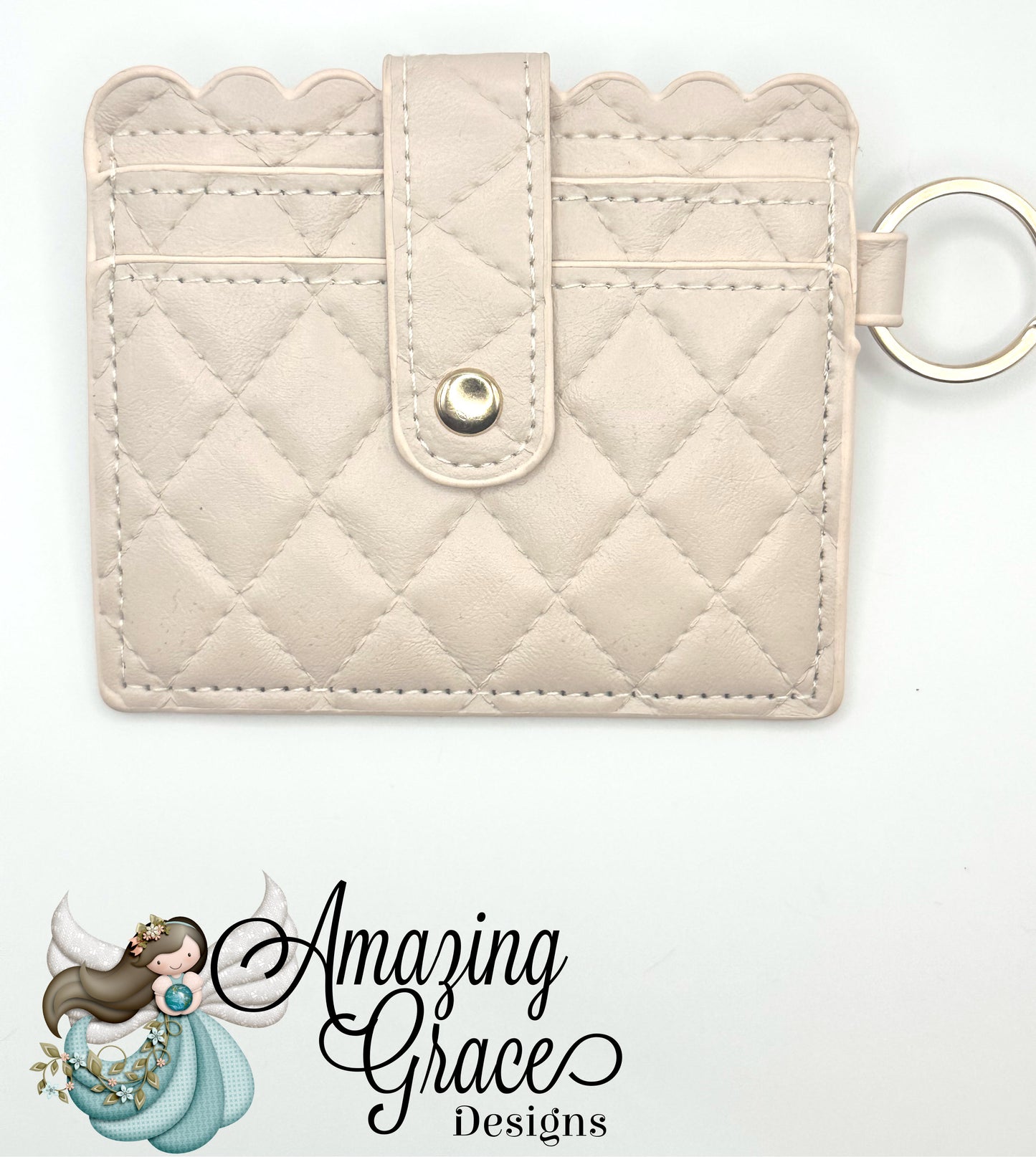 Cream Quilted Scalloped ID and Card Holder with Keychain
