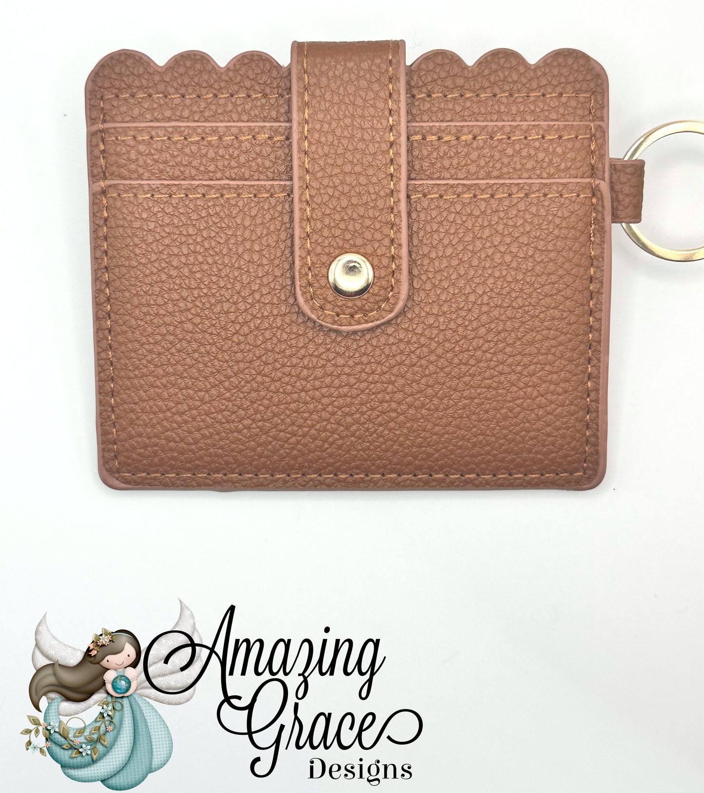Mocha Textured Scalloped ID and Card Holder with Keychain