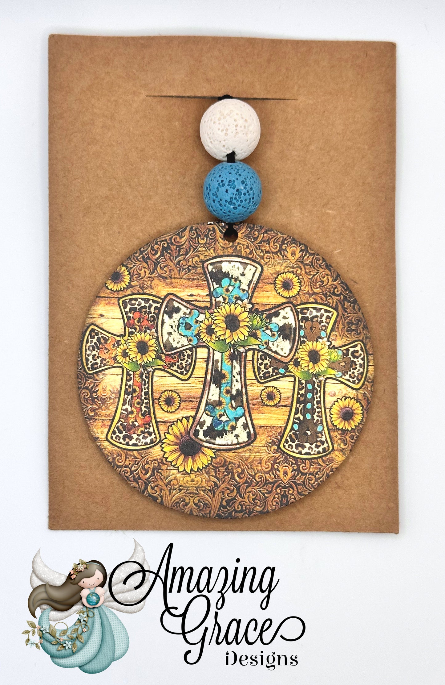 Rustic Sunflower Cross Car Charm