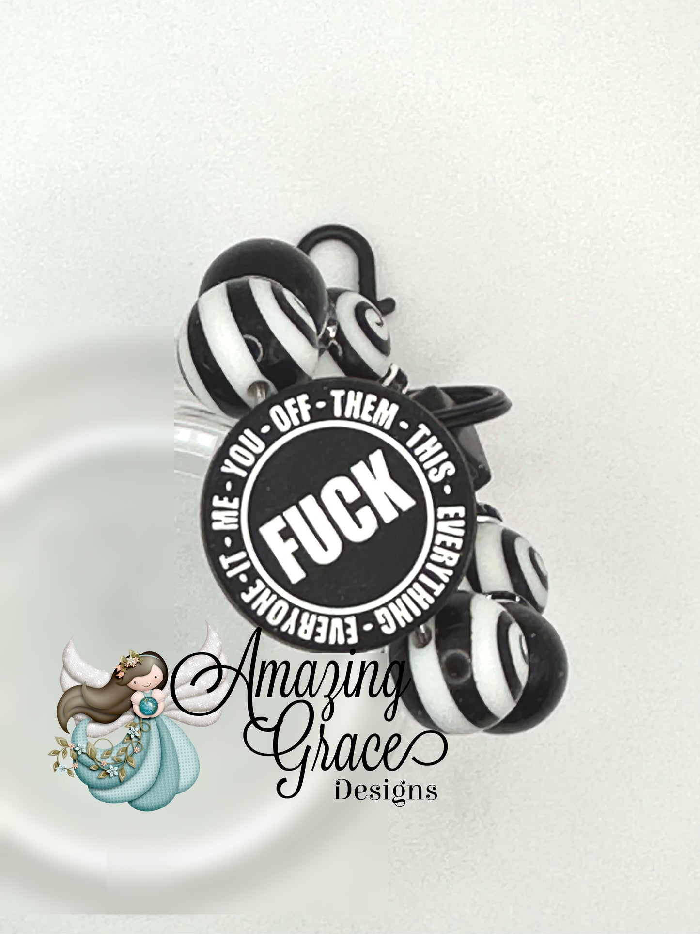 F*** It All - Black & White Swirl Beaded Keychain