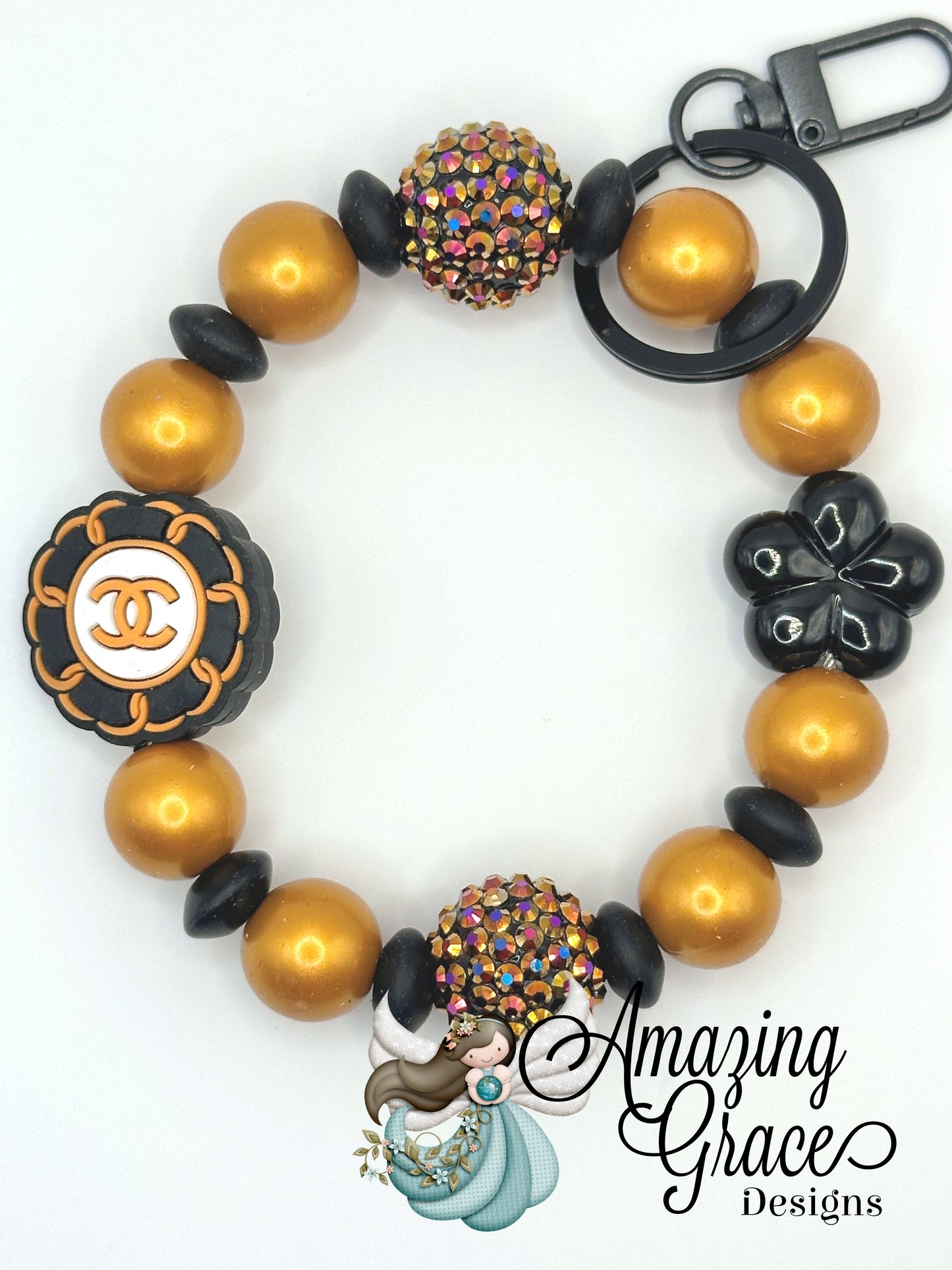 Elegant Black & Gold Beaded Pen & Wristlet Set