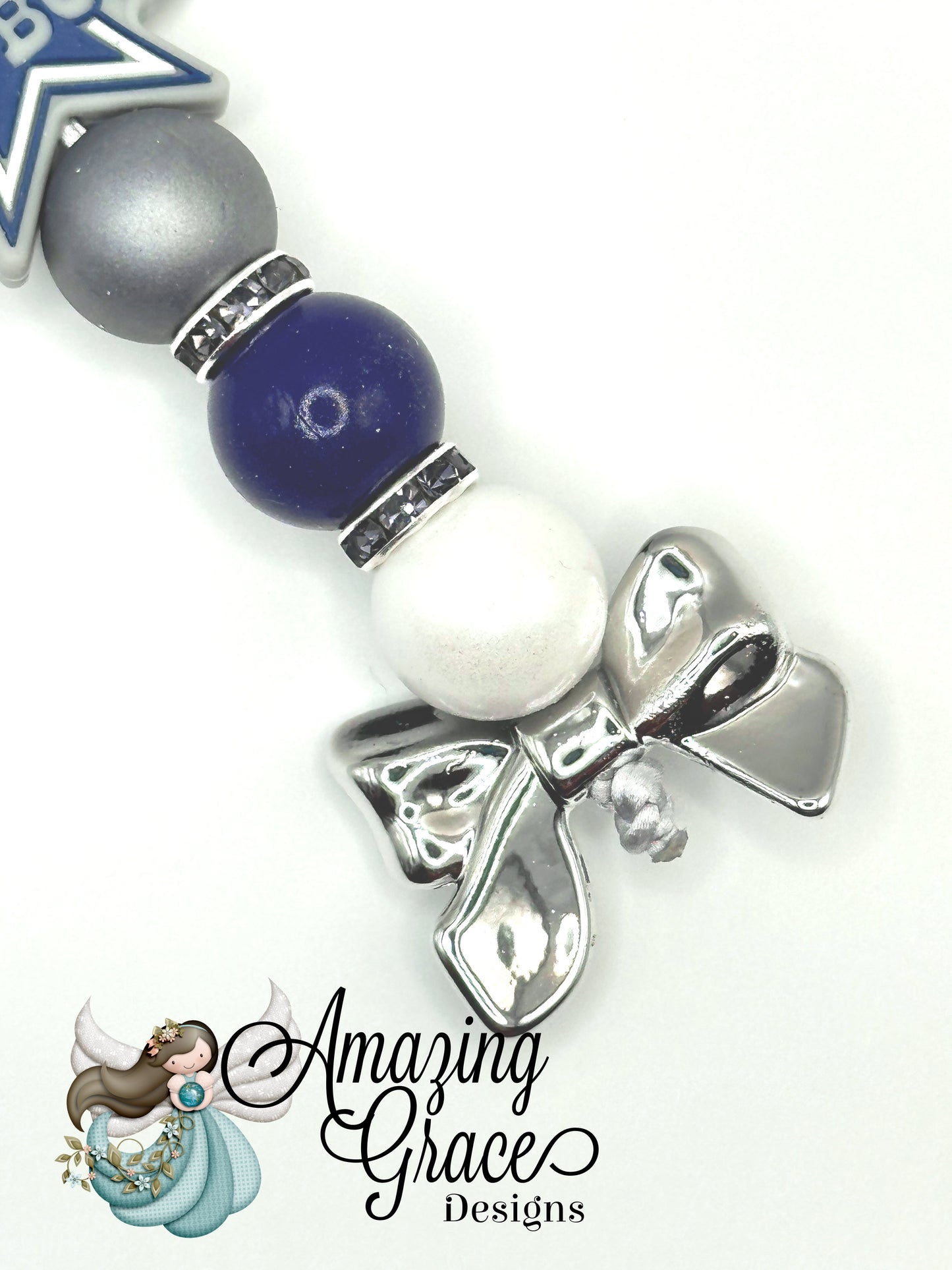 Game Day Star & Bow Keychain - Silver, Blue, White