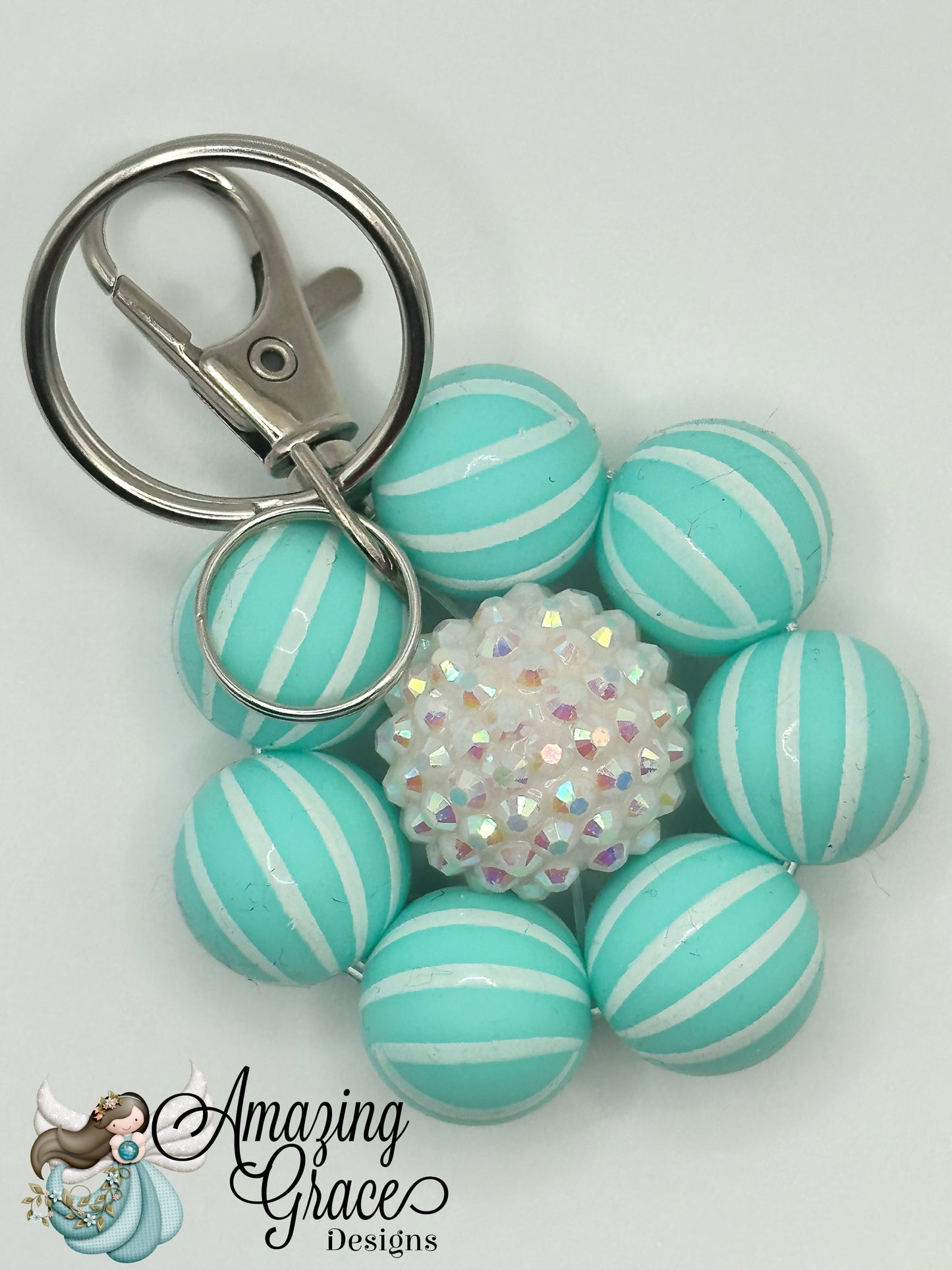 Tiffany Blue Stripe Beaded Charm Keychain