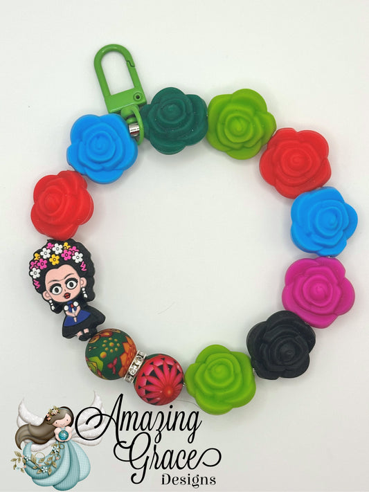 Frida Inspired Keyring with Floral Beads
