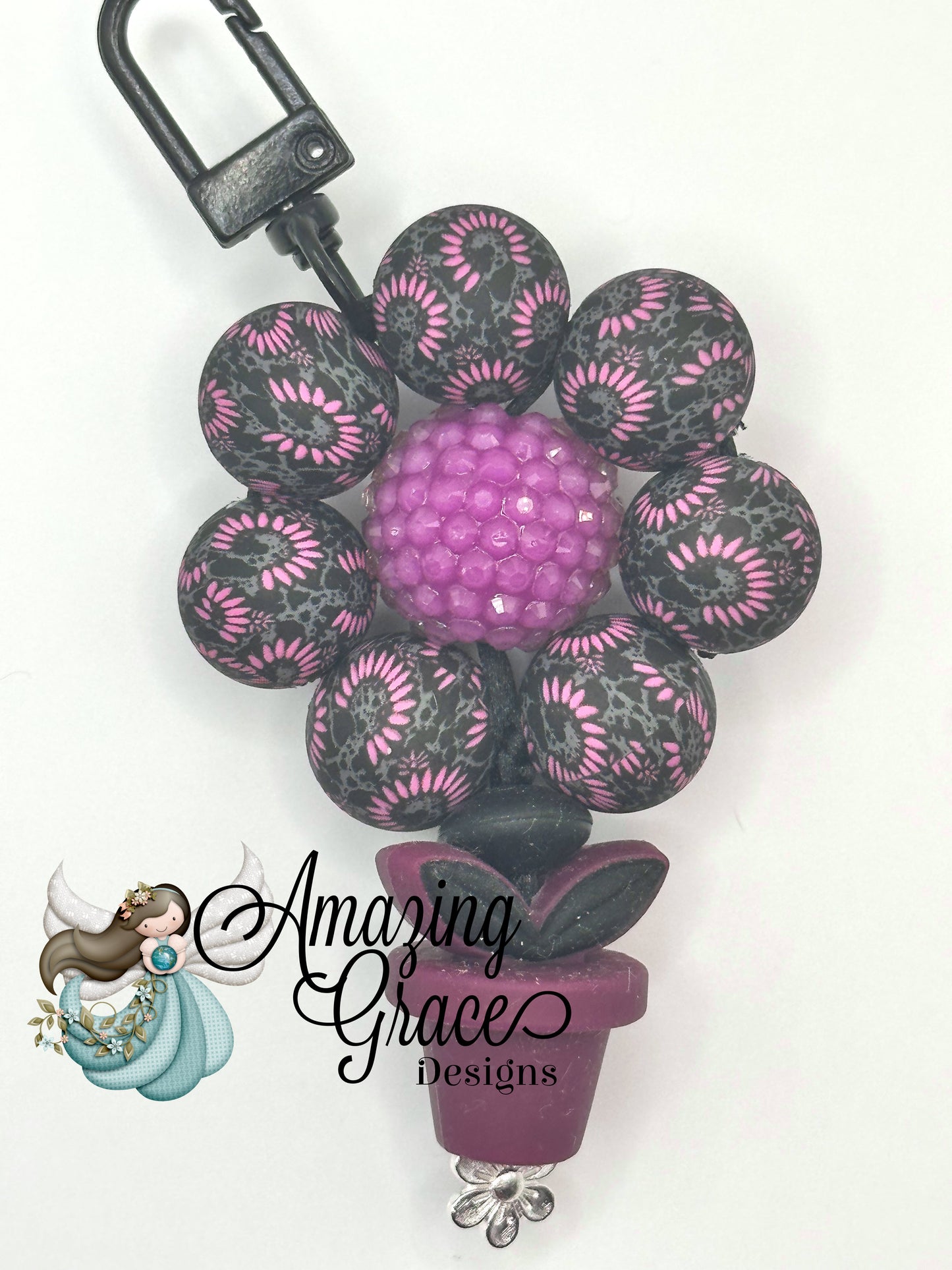 Dark Floral & Pink Beaded Flowerpot Keychain / Purse Charm