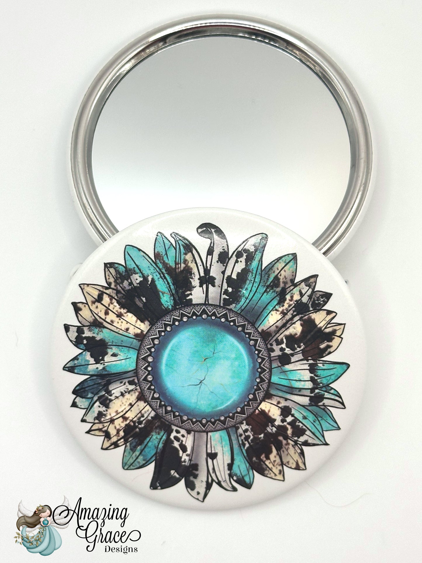 Boho Teal Sunflower Compact Mirror