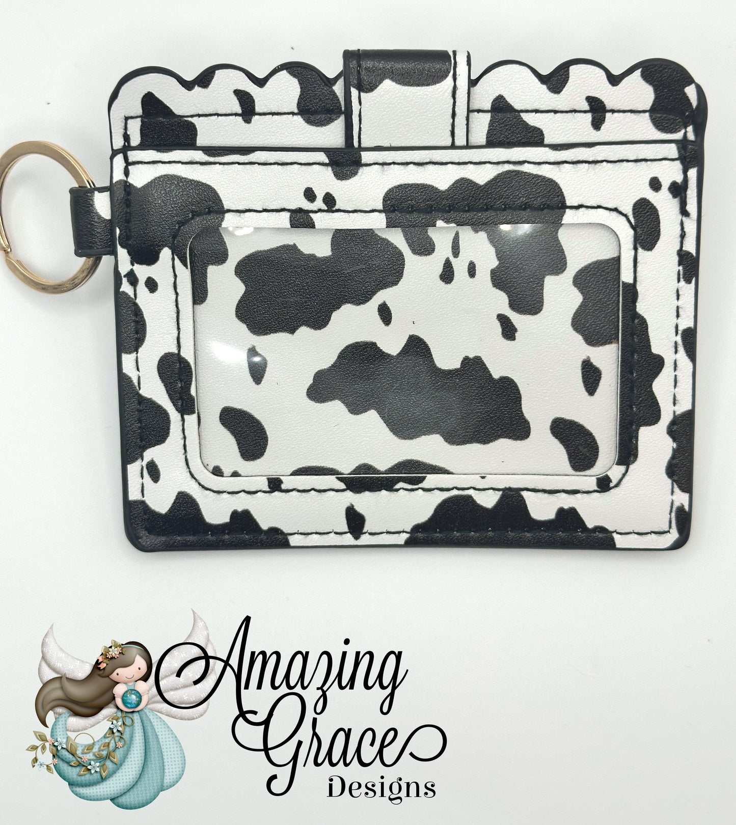 Cow Print Scalloped ID and Card Holder with Keychain