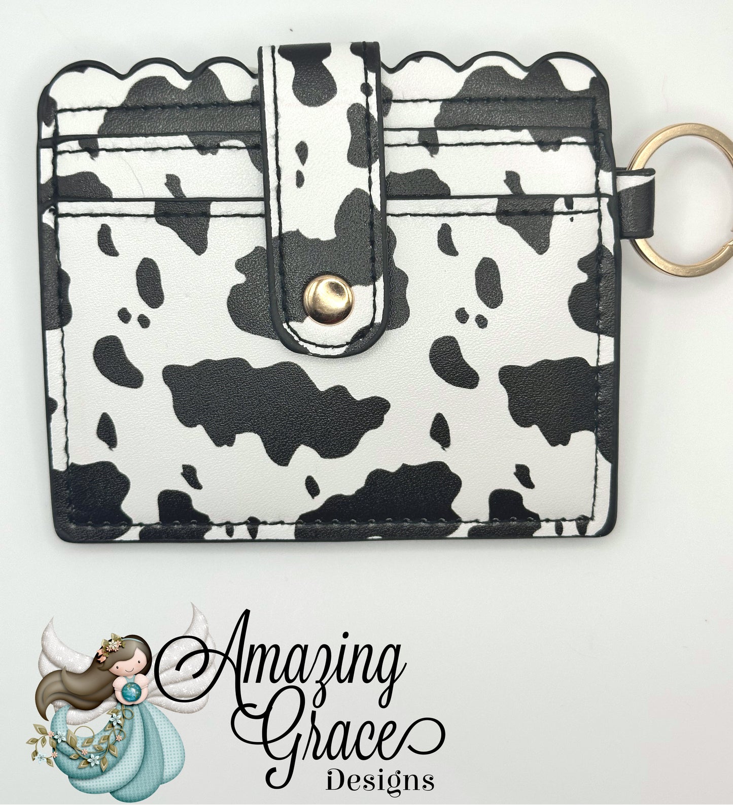 Cow Print Scalloped ID and Card Holder with Keychain