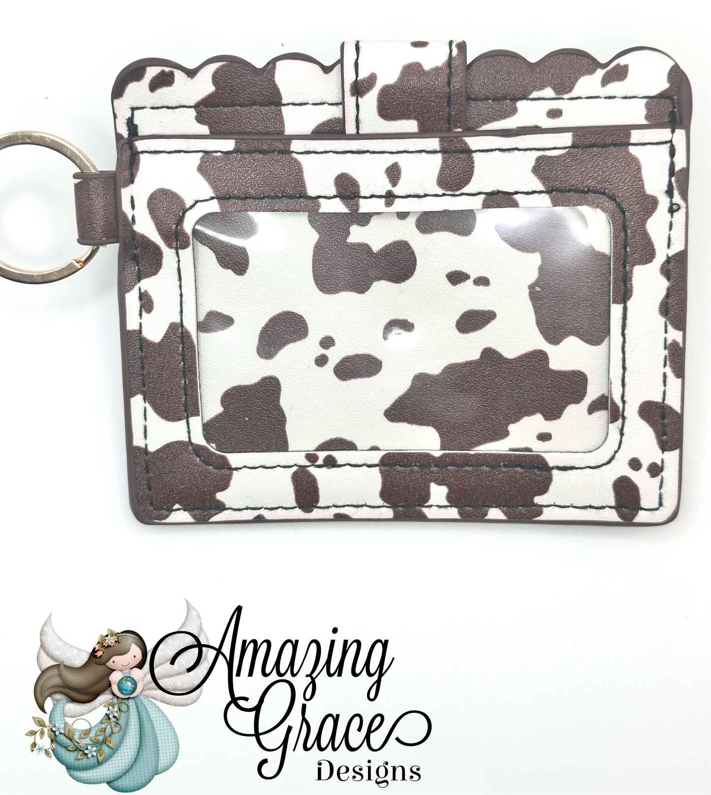 Brown and White Cow Print Scalloped ID and Card Holder with Keychain