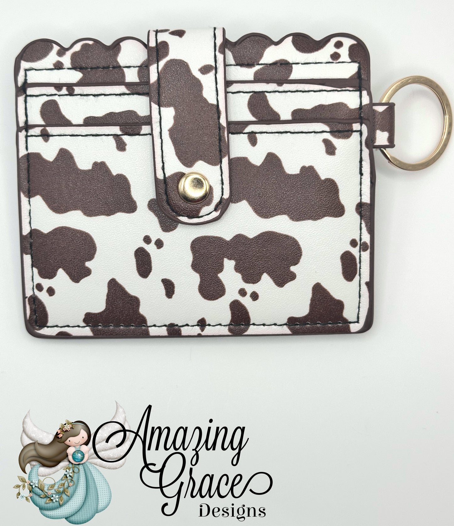 Brown and White Cow Print Scalloped ID and Card Holder with Keychain