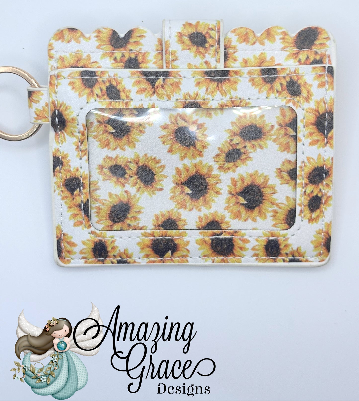 Sunflower Print Scalloped ID and Card Holder with Keychain
