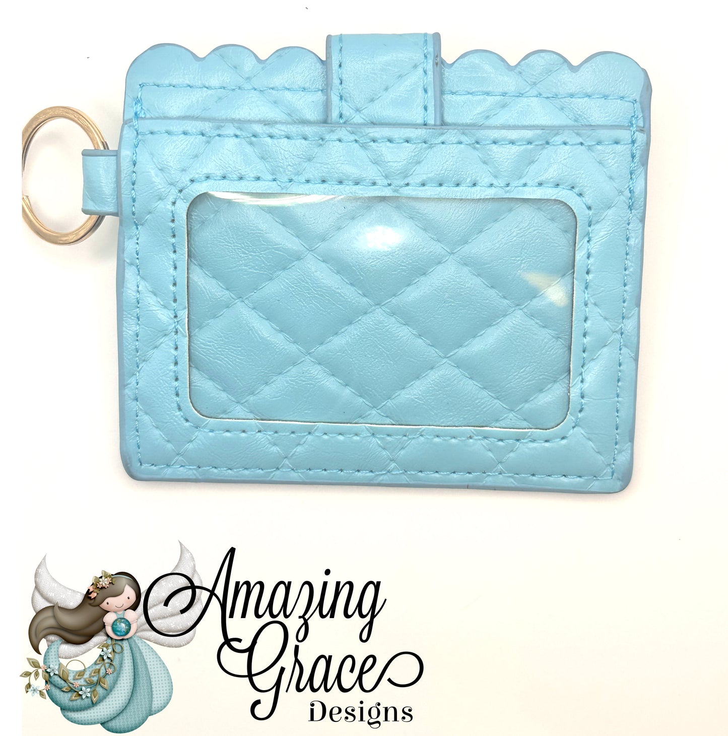 Light Blue Quilted Scalloped ID and Card Holder with Keychain