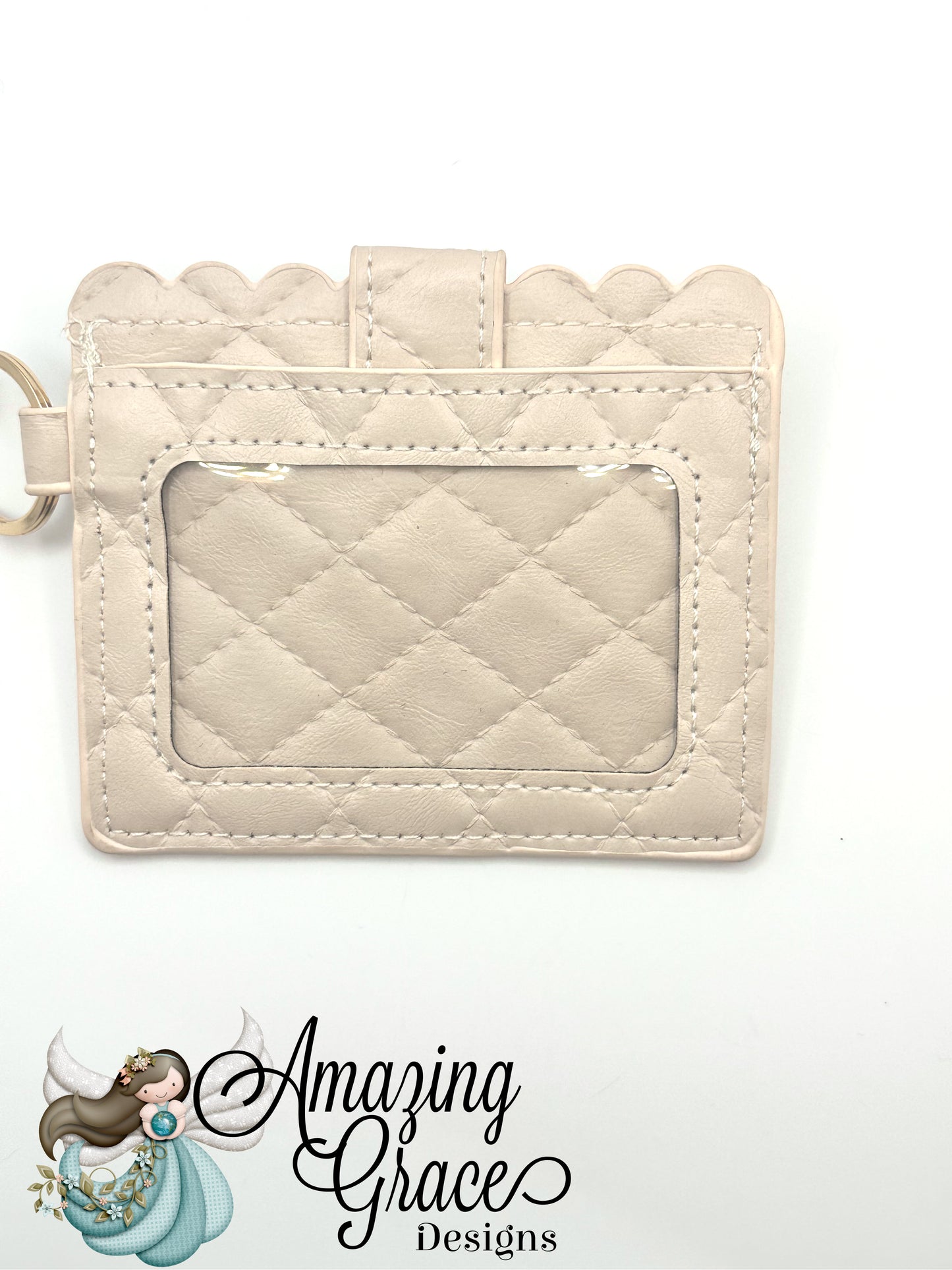Cream Quilted Scalloped ID and Card Holder with Keychain