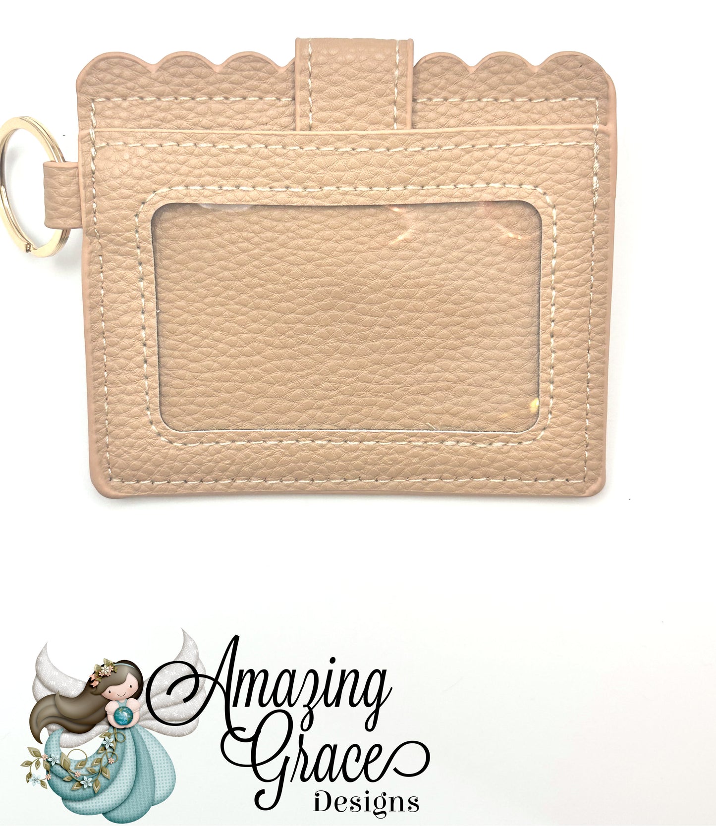 Tan Textured Scalloped ID and Card Holder with Keychain