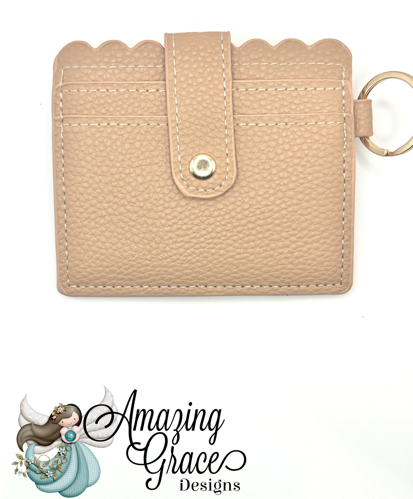 Tan Textured Scalloped ID and Card Holder with Keychain