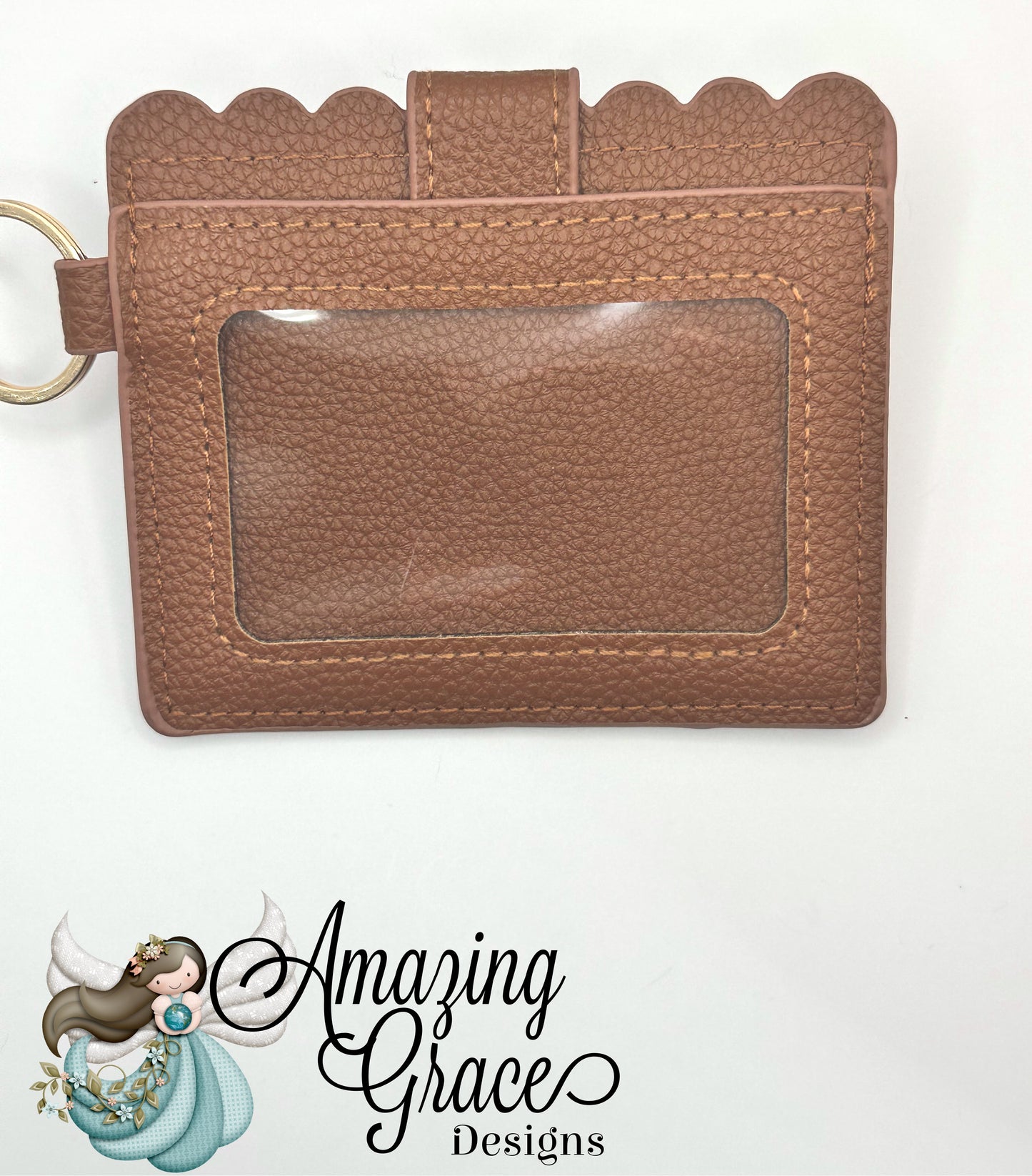 Mocha Textured Scalloped ID and Card Holder with Keychain