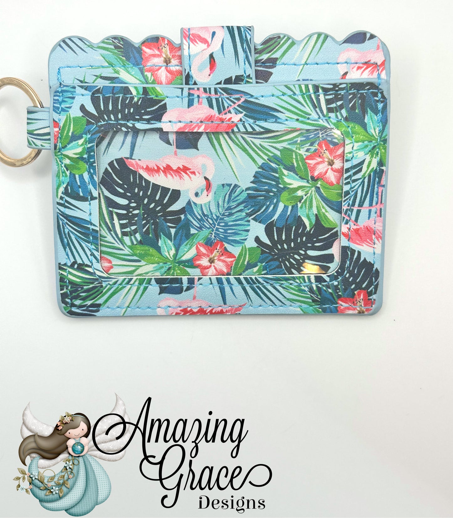 Flamingo and Tropical Leaves Scalloped ID and Card Holder with Keychain