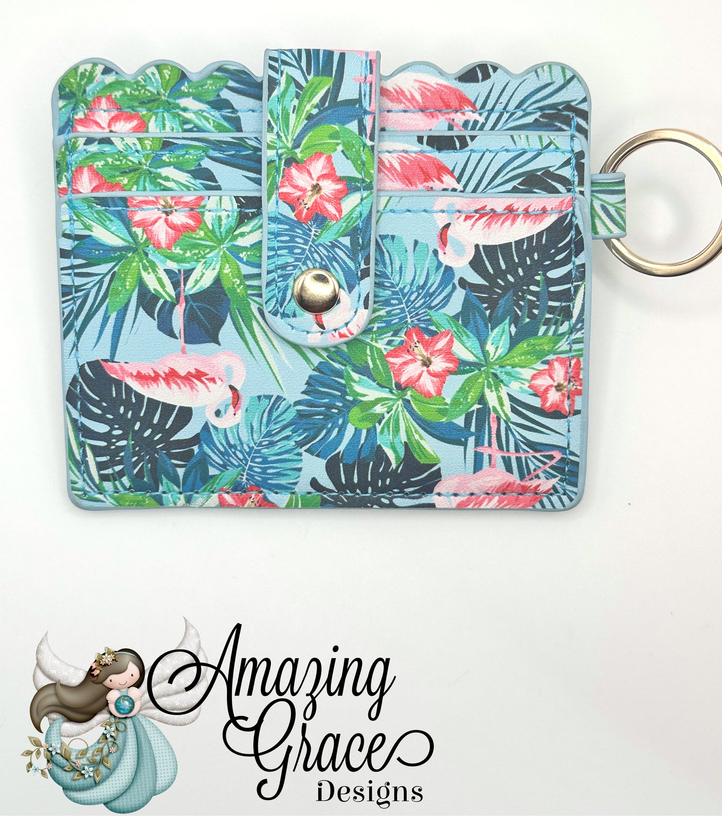 Flamingo and Tropical Leaves Scalloped ID and Card Holder with Keychain