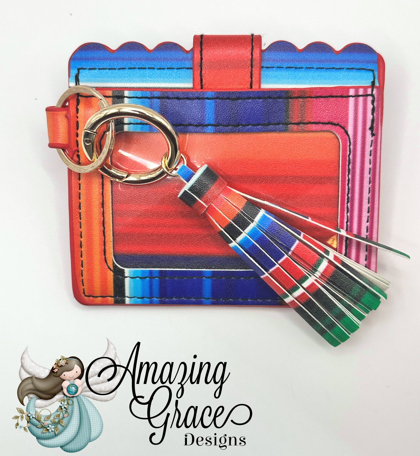 Mexican Serape Scalloped ID and Card Holder with Tassel Keychain