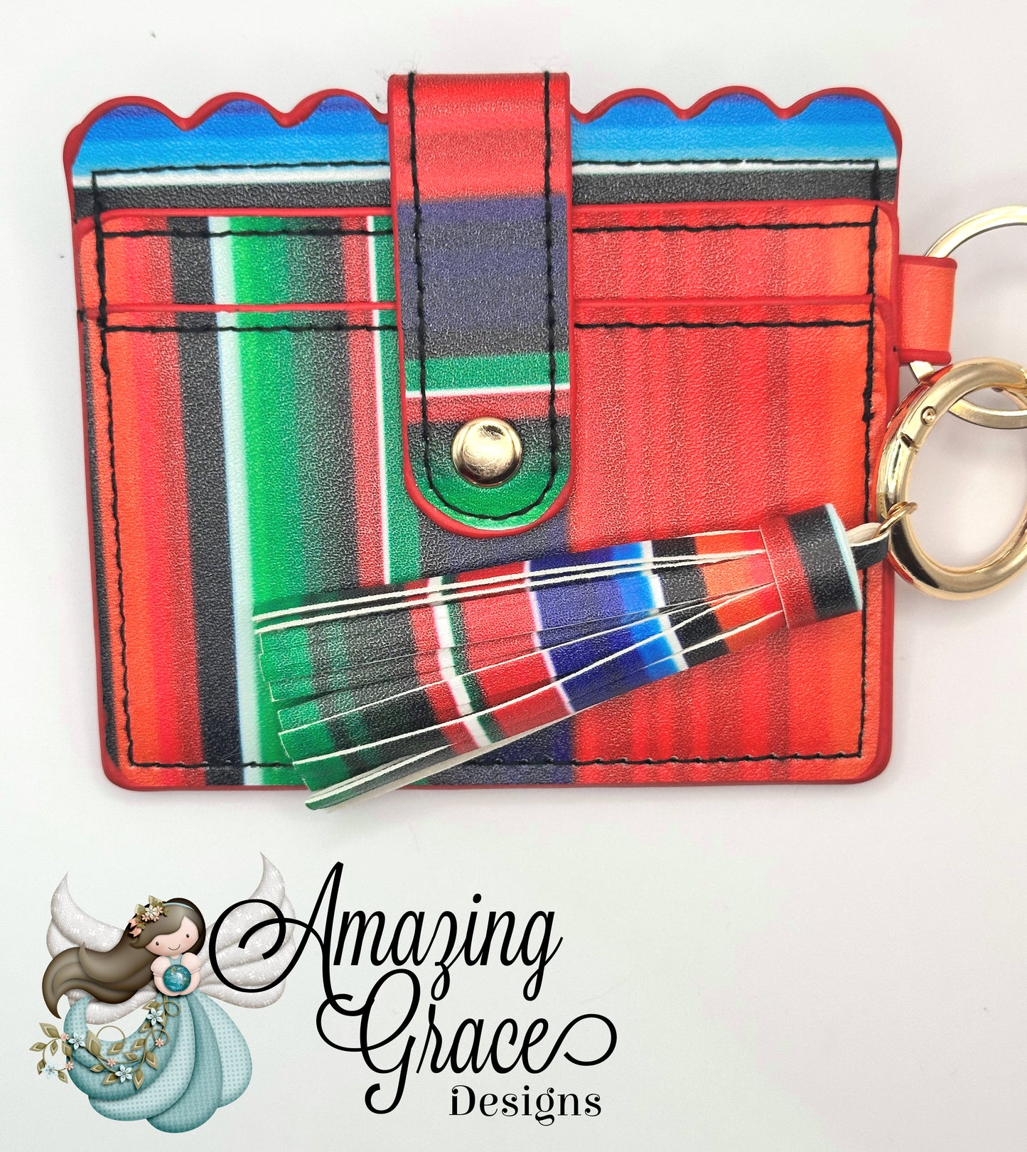 Mexican Serape Scalloped ID and Card Holder with Tassel Keychain