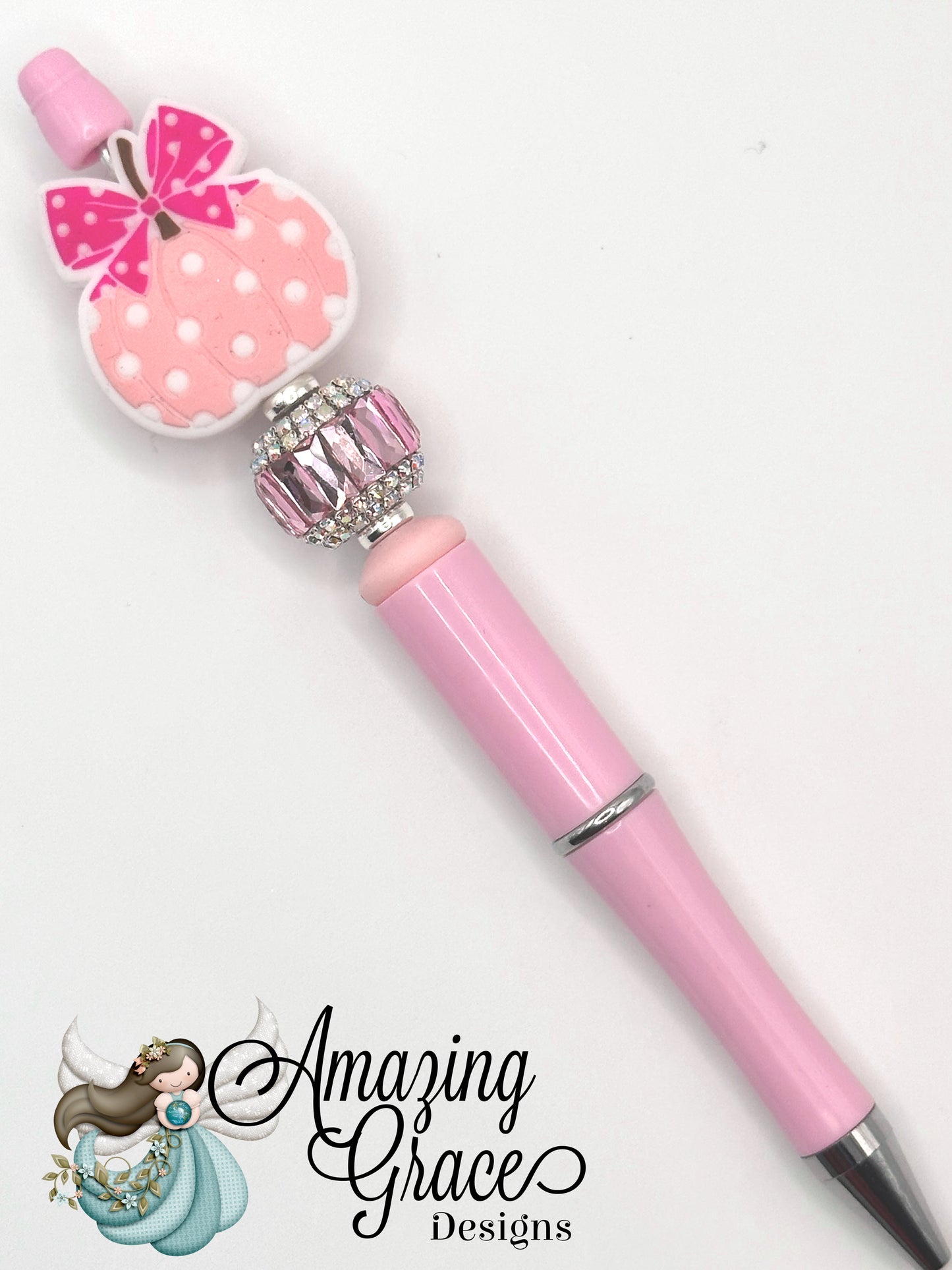 Pink Plaid Bow Pumpkin Beaded Pen