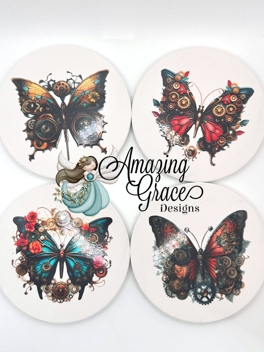 Whimsical Steampunk Butterfly Coasters with Holder