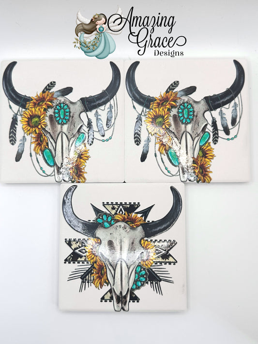 Whimsical Western Skull Coaster Trio