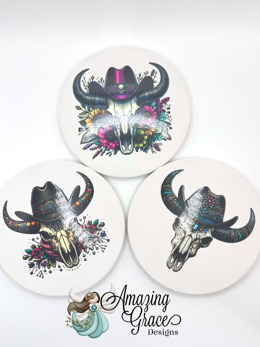 Whimsical Cowboy Skull Coaster Trio