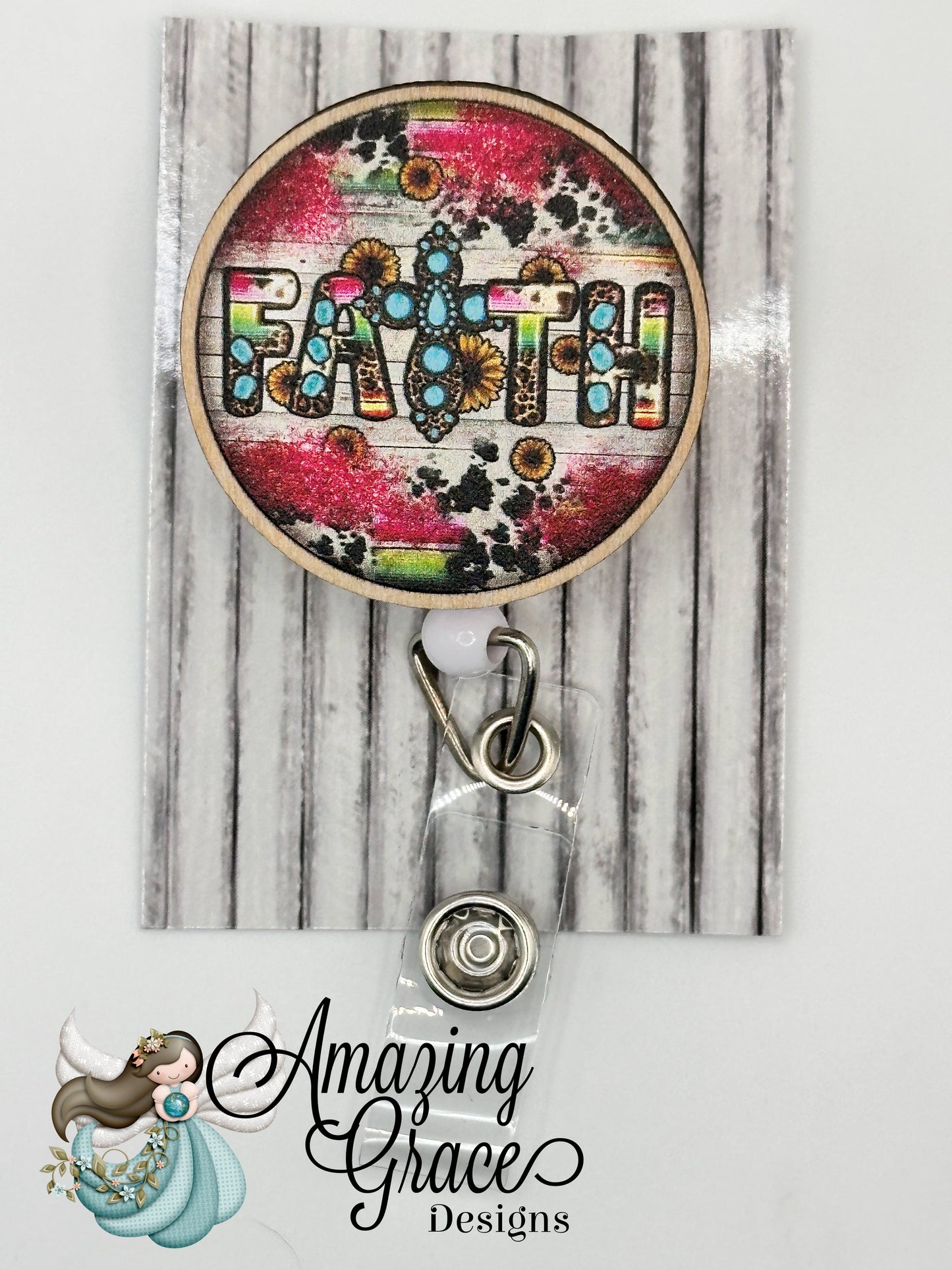 "FAITH" Distressed Cowhide & Cross Wooden Disc Retractable Badge Reel - Spiritual & Stylish