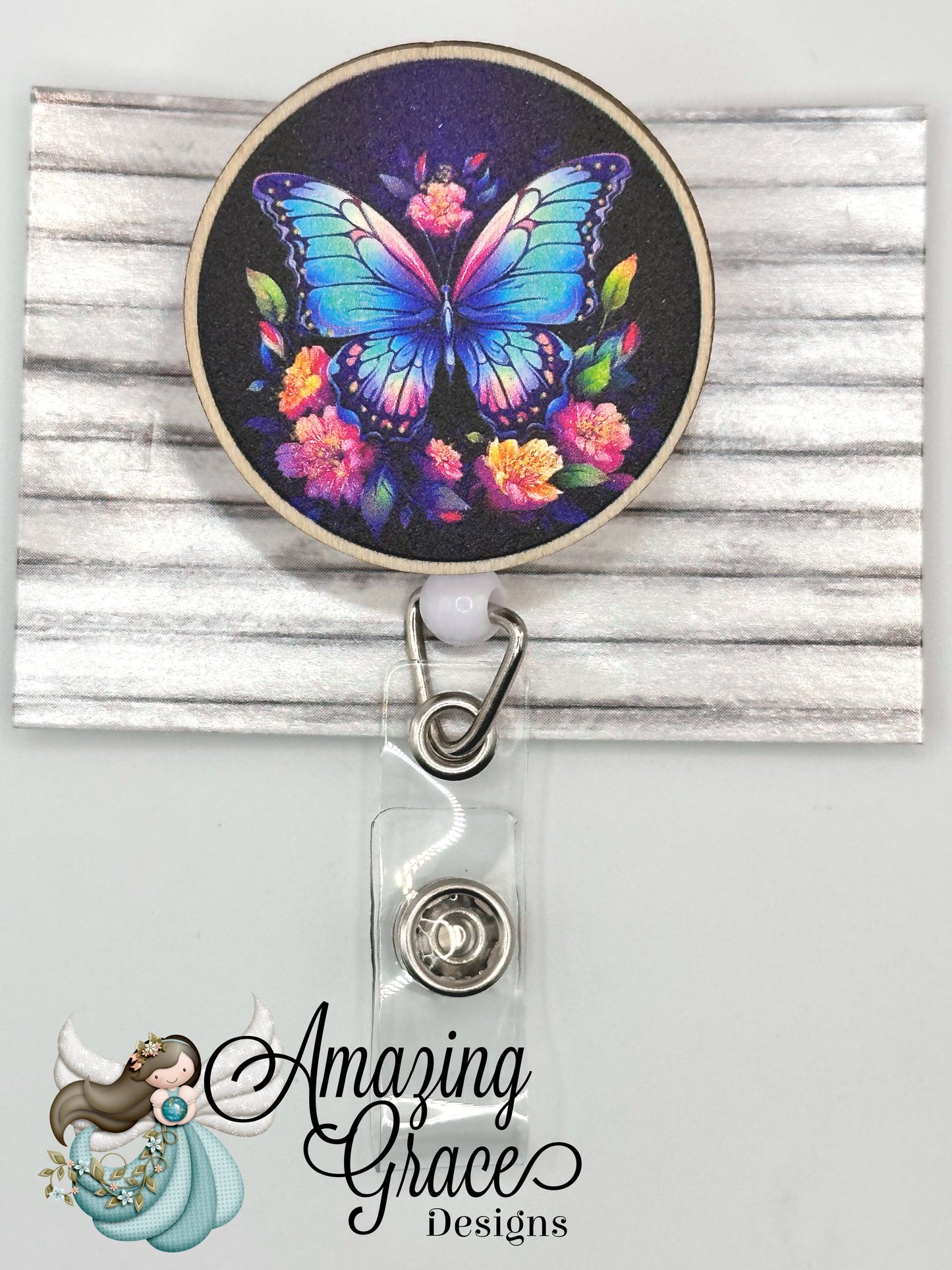 Pretty Peach Butterfly Beaded Ret retractable Badge Reel - Sweet & Serene!