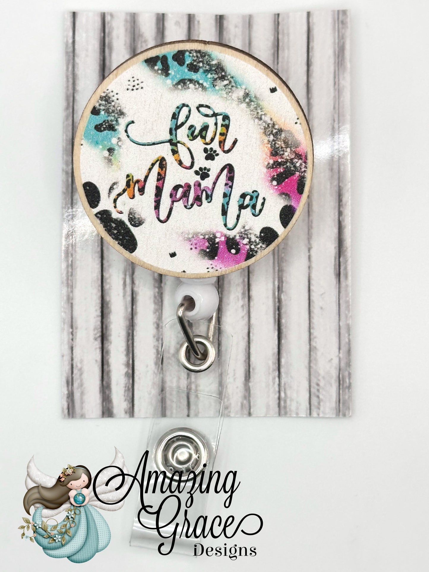 "Fur Mama" Wooden Disc Retractable Badge Reel - Leopard & Paw Print Design