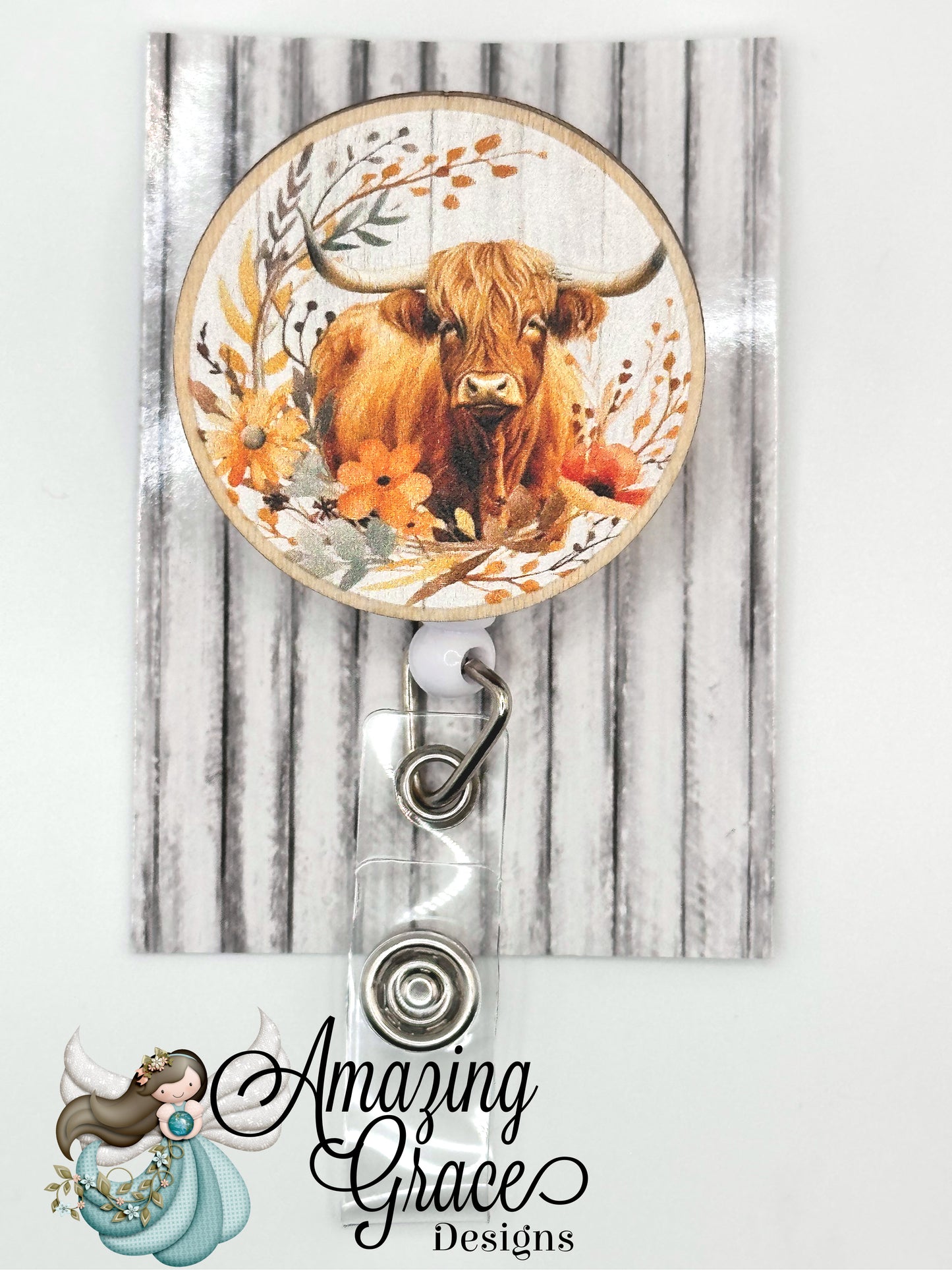 Rustic Highland Cow Wooden Disc Ret retractable Badge Reel - Farmhouse Charm!