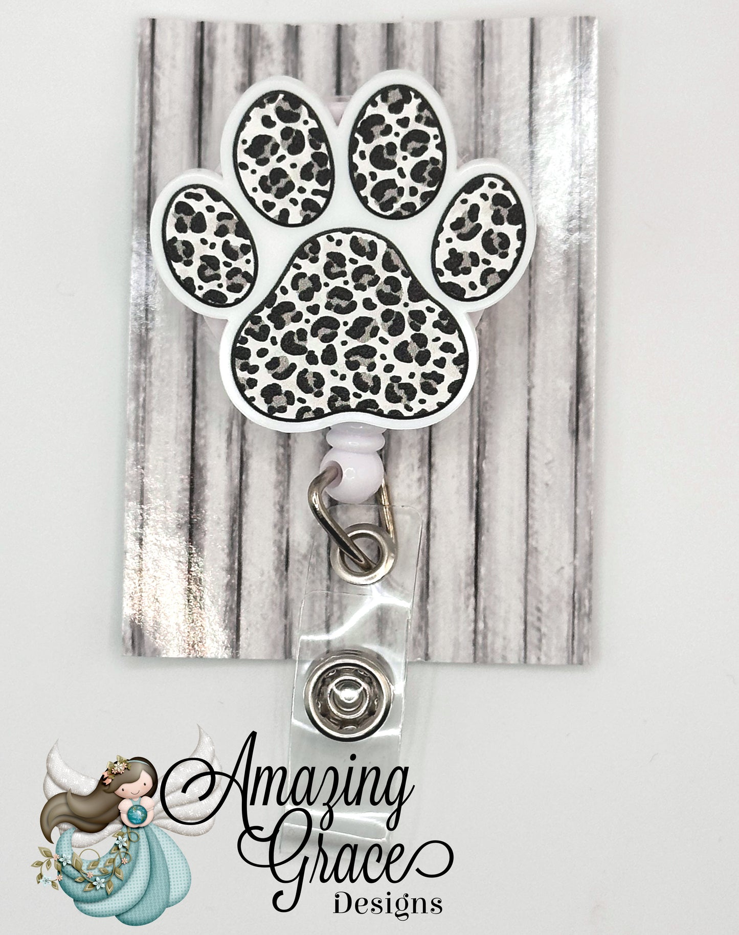 Wild Style Leopard Paw Print Wooden Disc Retractable Badge Reel - Animal Lover Accessory!