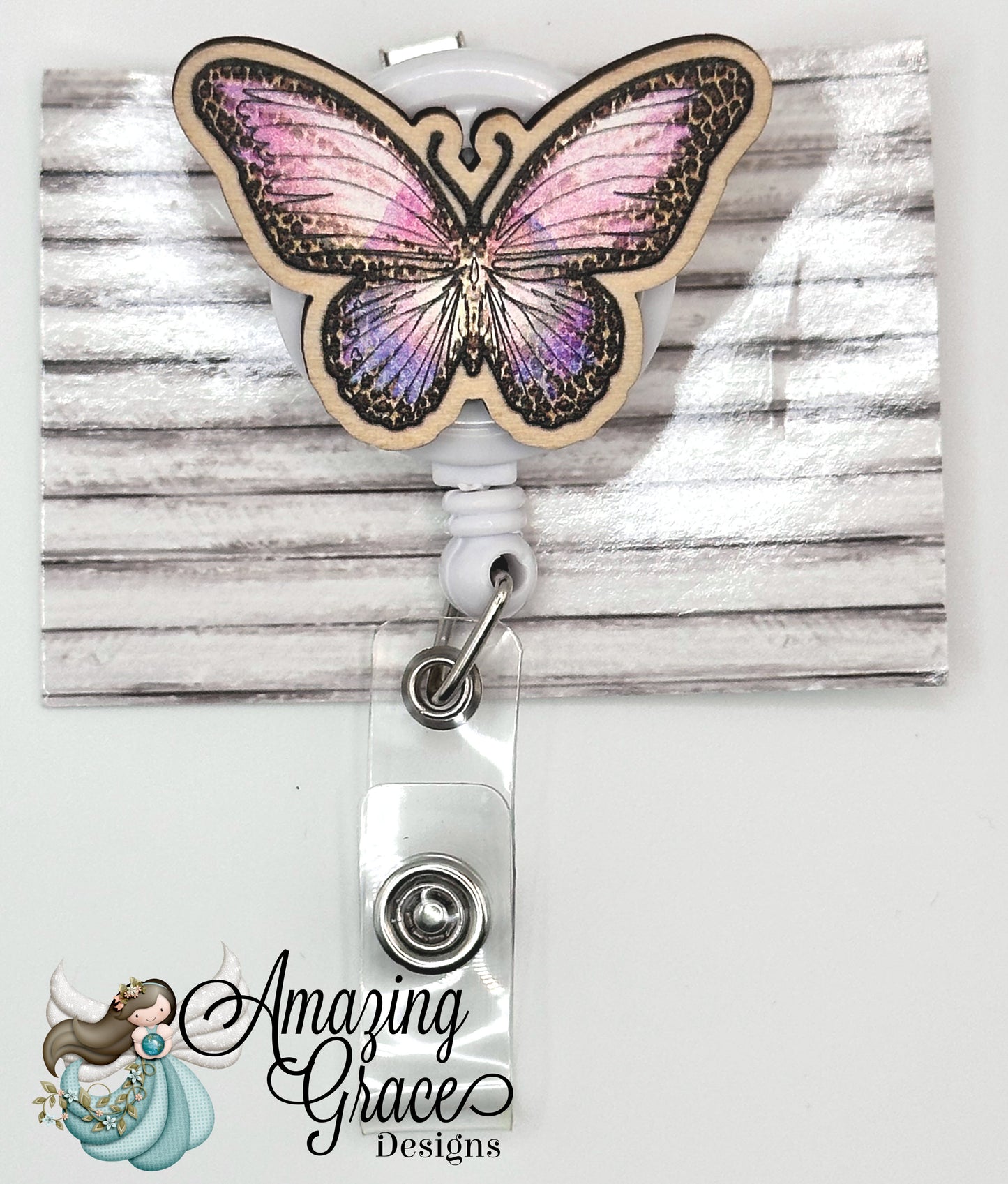 Elegant Pink & Purple Butterfly Wooden Disc Retractable Badge Reel - Nature Inspired