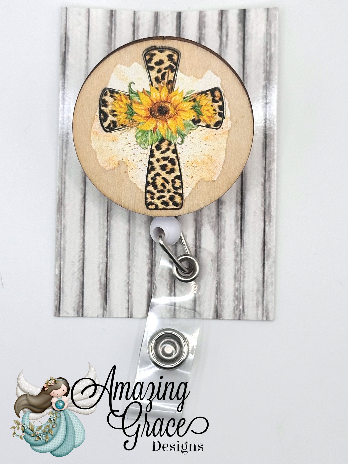 Rustic Sunflower & Leopard Print Cross Wooden Disc Ret retractable Badge Reel - Faith & Farmhouse Style