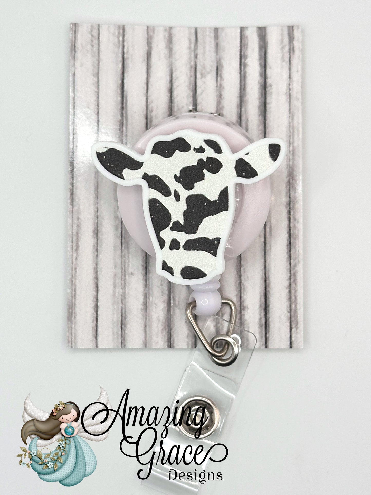 Udderly Cute Cow Head Wooden Disc Retractable Badge Reel - Farm Animal Lover!
