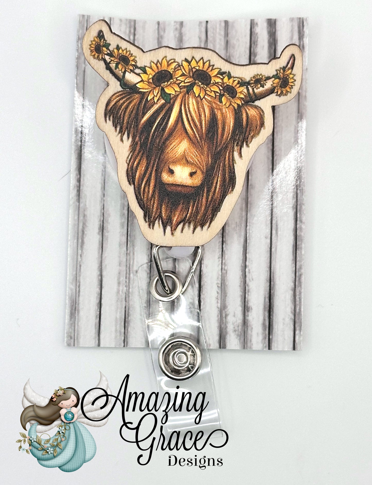 Rustic Highland Cow with Sunflower Crown Wooden Disc Retractable Badge Reel - Farmhouse Chic!