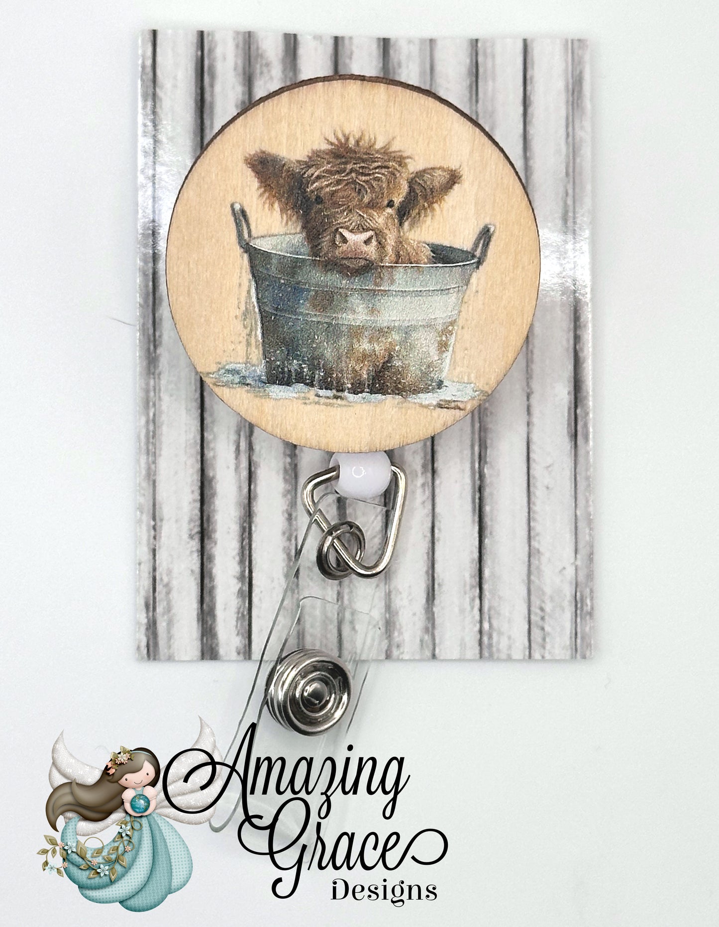 Adorable Highland Calf in a Bucket Wooden Badge Reel - Rustic Farm Charm!