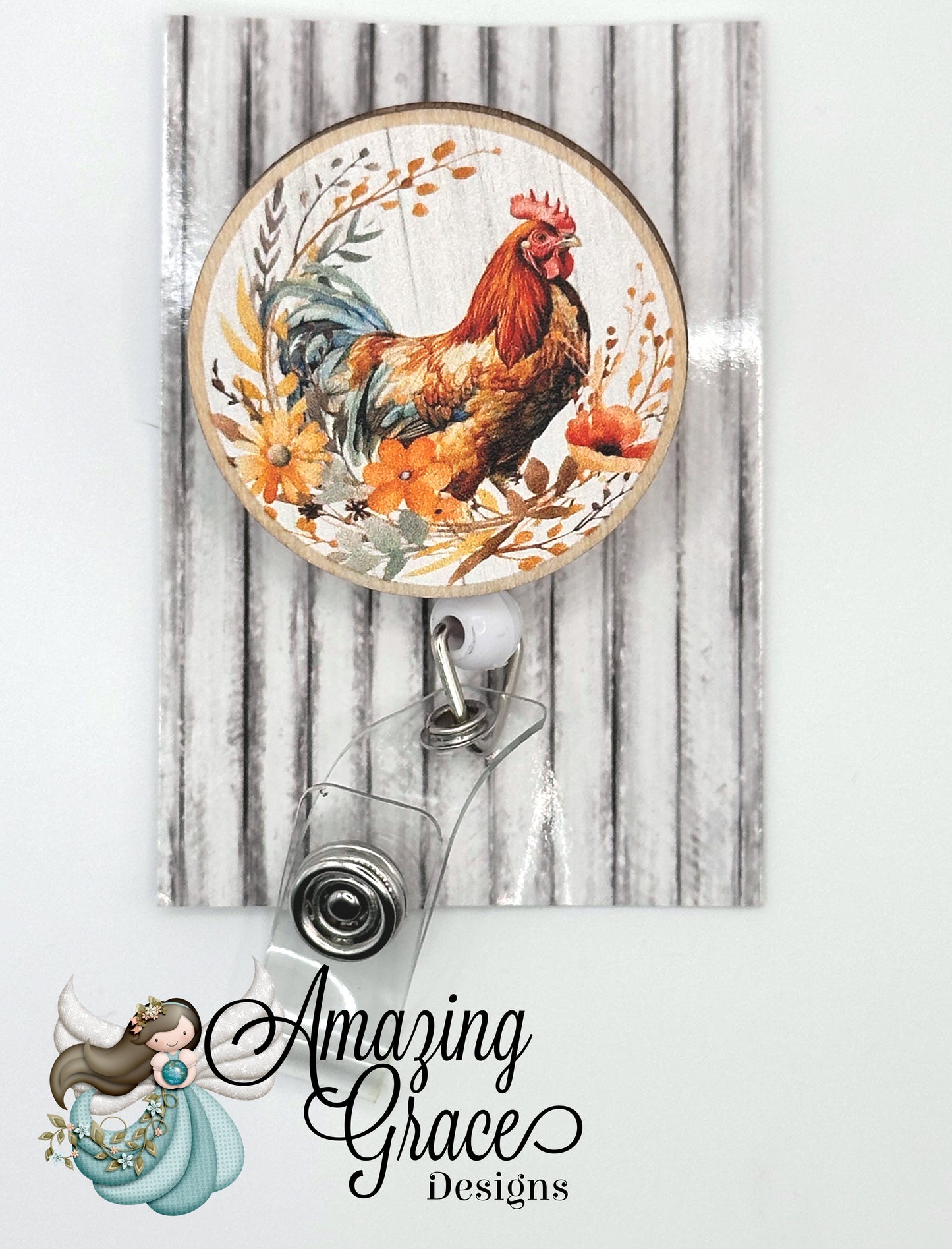 Rustic Rooster Farmhouse Wooden Ret retractable Badge Reel - Barnyard Charm!