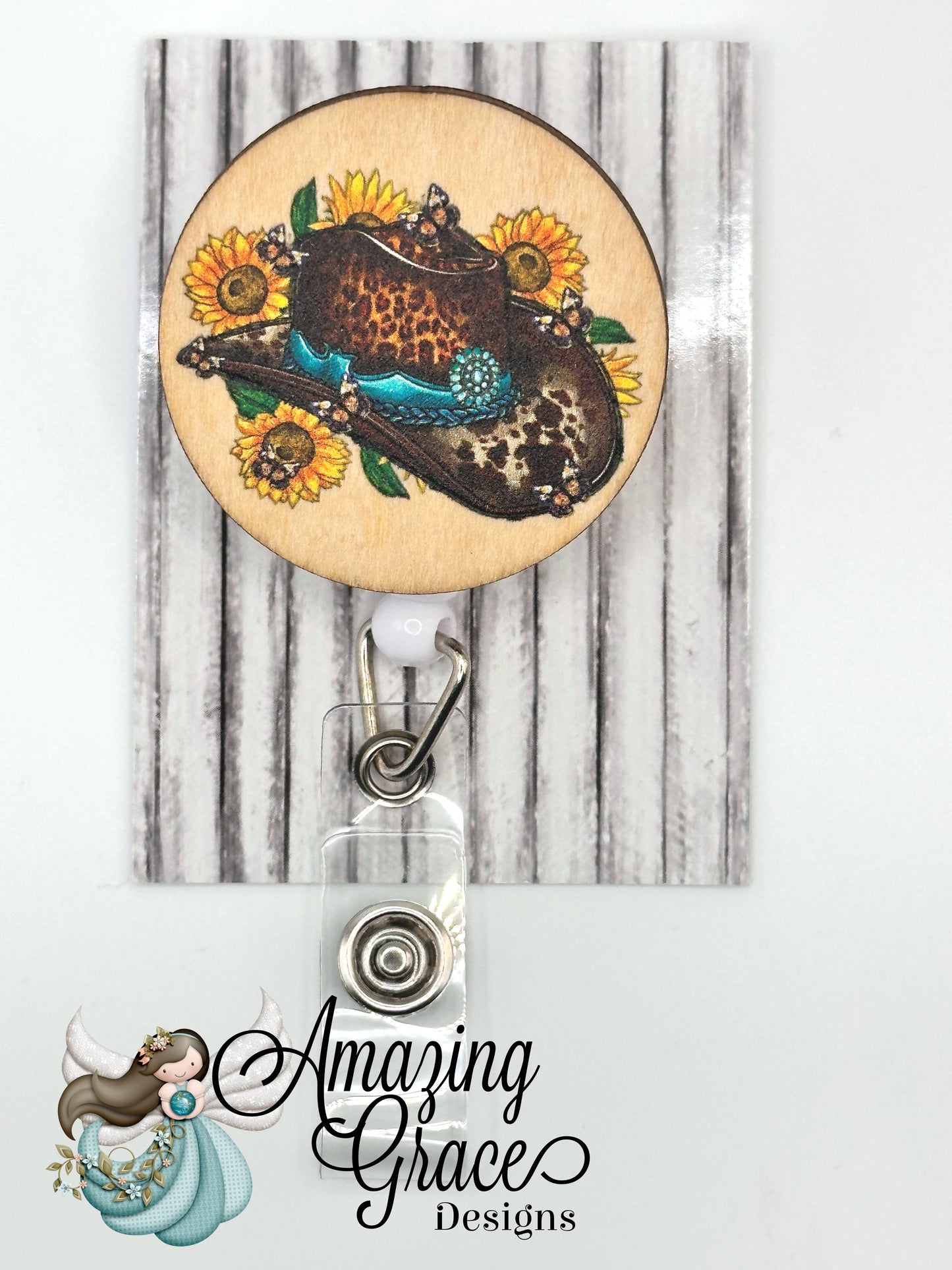 Western Chic Retractable Badge Reel - Leopard Cowboy Hat & Sunflowers