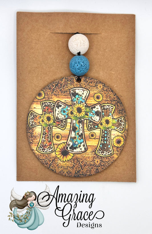 Rustic Sunflower Cross Car Charm