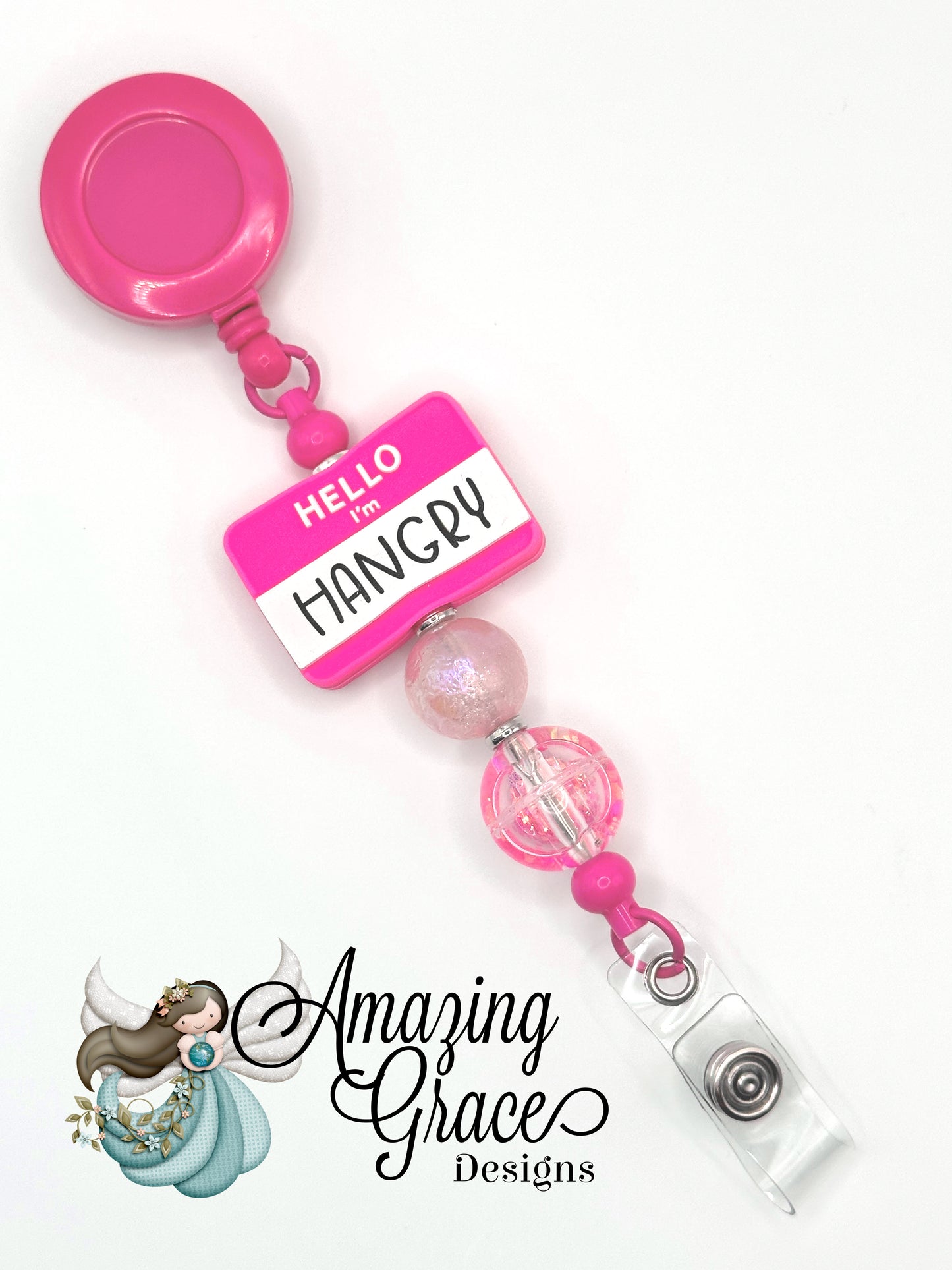 "HELLO I'M HANGRY" Pink Retractable Beaded Badge Reel - Funny Work Accessory!