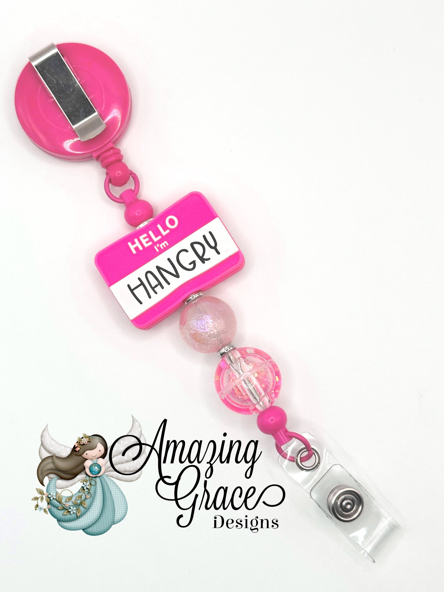 "HELLO I'M HANGRY" Pink Retractable Beaded Badge Reel - Funny Work Accessory!
