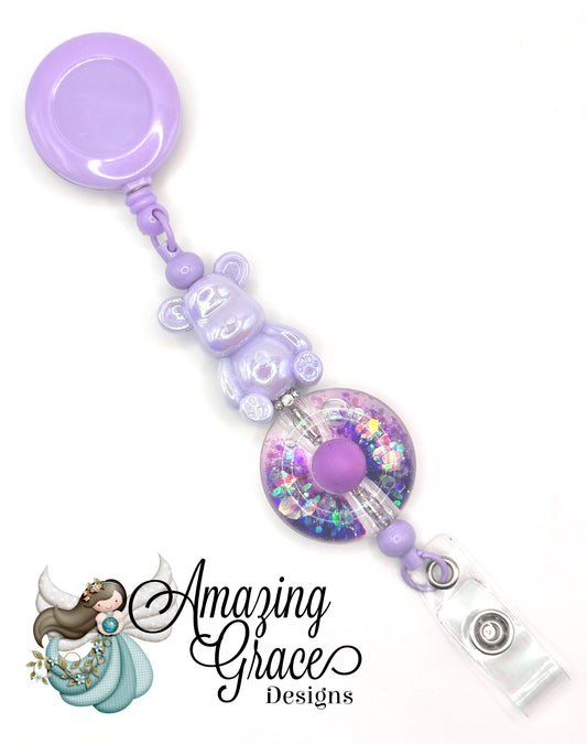 Adorable Lavender Bear & Glitter Shaker Retractable Badge Reel - Cute Accessory!