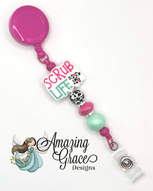 "SCRUB LIFE" Pink & Mint Retractable Beaded Badge Reel - Nurse & Healthcare Worker Gift!